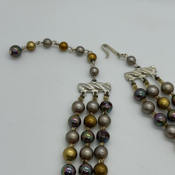 Vintage Multi-Strand Necklace Iridescent Gold Tone Pearlescent Beads Pro Formal - Picture 12 of 13